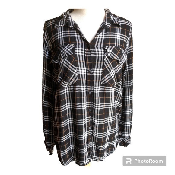 Sanctuary black and white plaid long sleeve button up shirt large - Picture 1 of 5